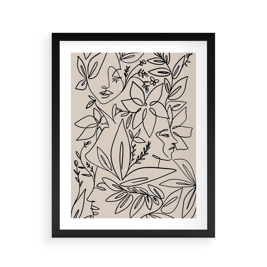 Plakat w ramie 40x50 - Kobiecy Portret Duszy - beżowe tło, czarny szkic nowoczesnych kwiatów - rama czarna