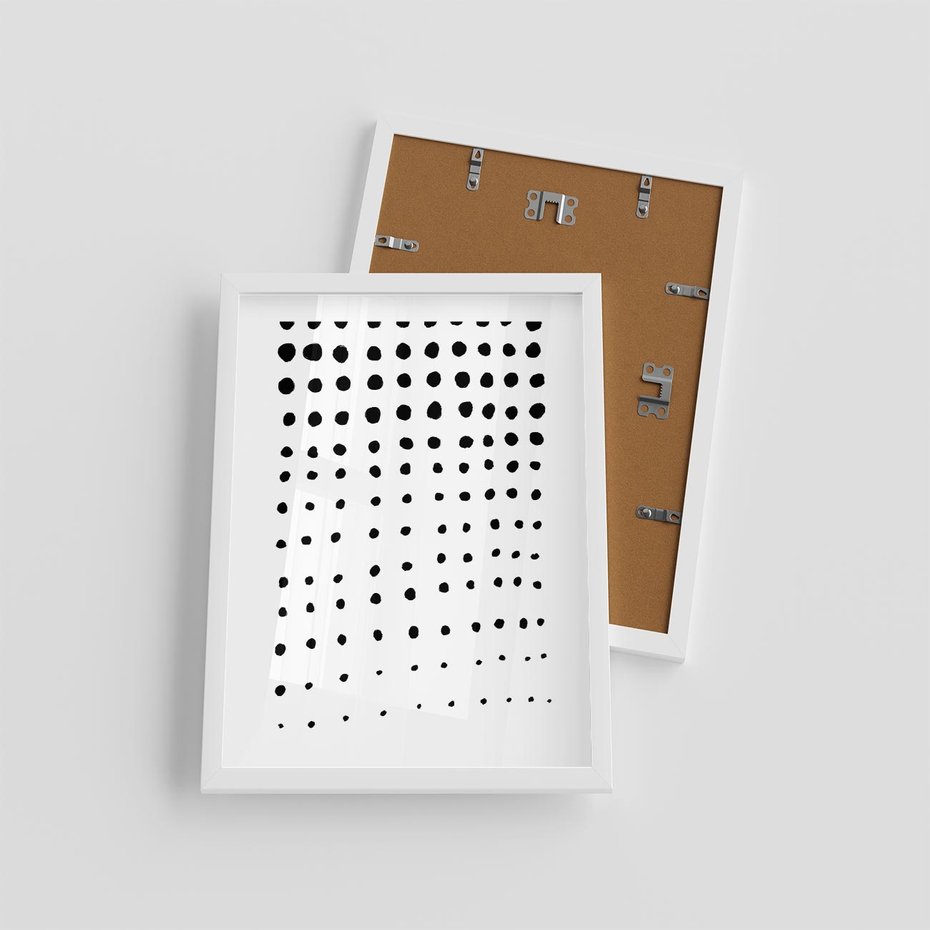 Plakat w ramie 30x40 - Abstrakcyjna Transformacja - abstrakcyjna kompozycja z czarnych kropek, minimalistyczny czarno bialy plakat - rama biała
