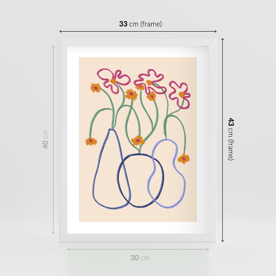 Plakat w ramie 30x40 - Migocące Pastelowe Impresje - minimalistyczny abstrakcyjny obraz, prymitywne kwiatki - rama biała