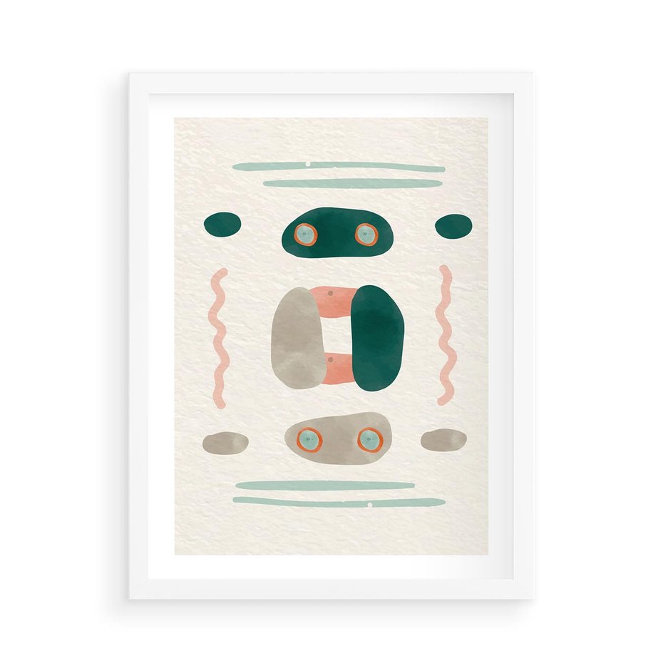 Plakat w ramie 50x70 - Tańczące Kształty Natury - przypadkowe abstrakcyjne wzory, pomarańczowy i zielony - rama biała