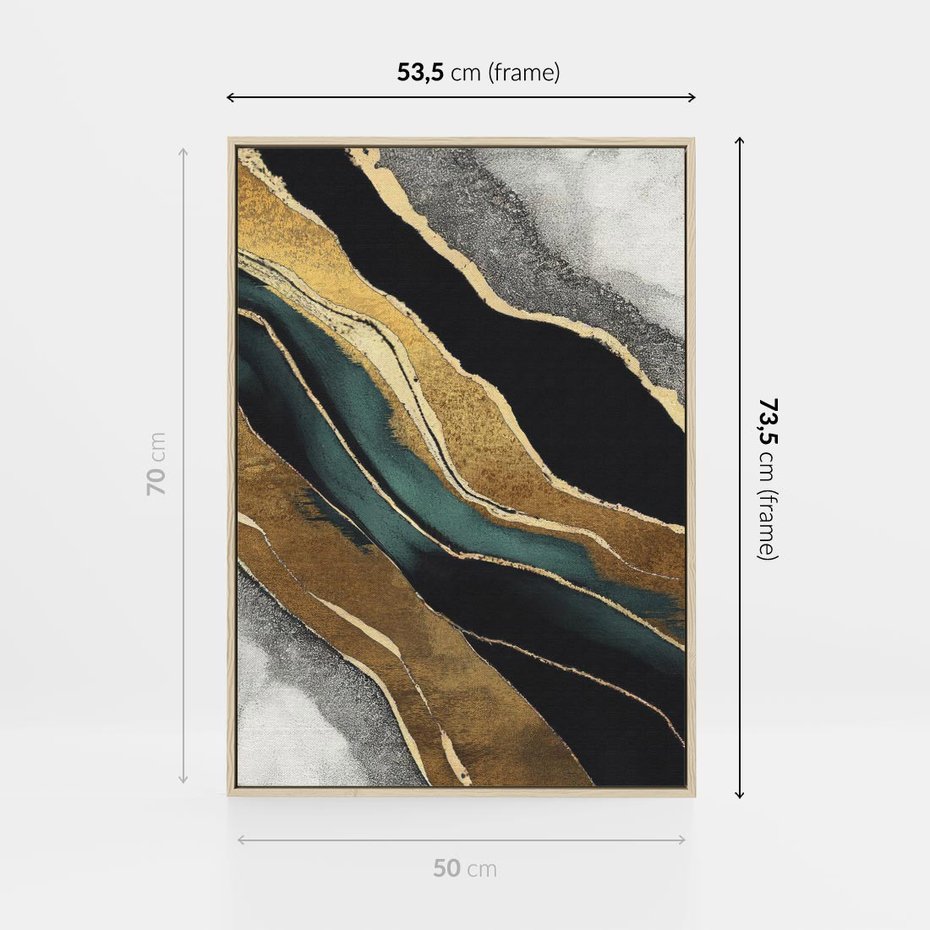 Obraz w ramie 50x70 - Refrakcje płynącej rzeczywistości - jak marmurowa rzeka, linie złota - rama drewno