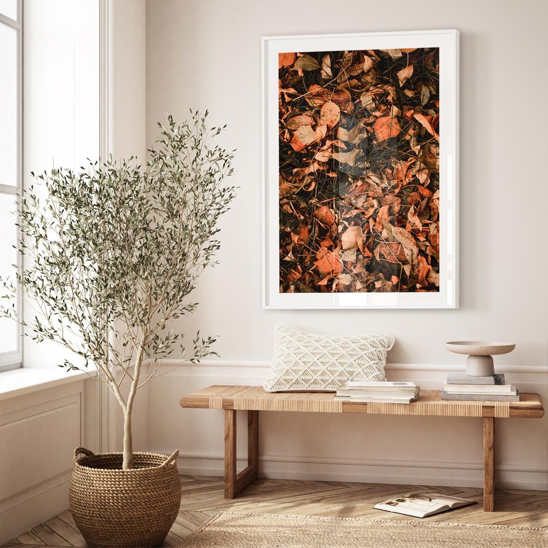 Plakat w ramie 40x50 - Jesienny Splot: Pomarańczowe Liście - liście, pomarańczowe suche liście - rama biała