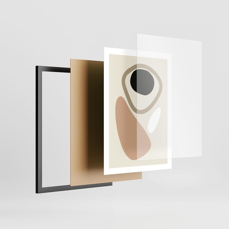 Plakat w ramie 50x70 - Beżowa Synergia - beżowa abstrakcyjna kompozycja, czarny akcent - rama czarna