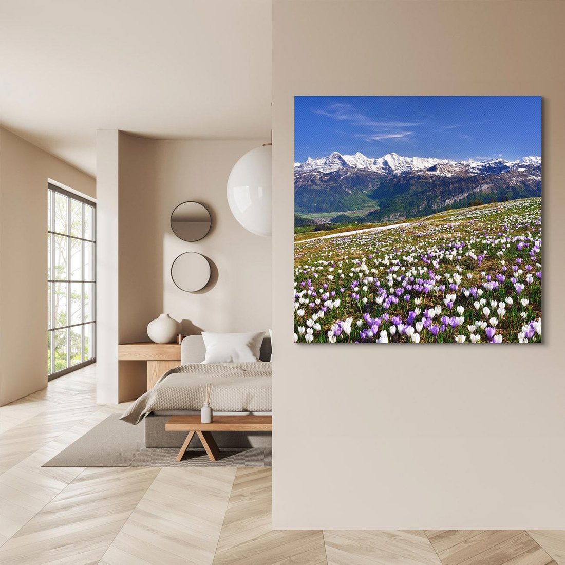 Obraz na płótnie 60x60 - Wiosenne Czarowanie - krokusy, góry