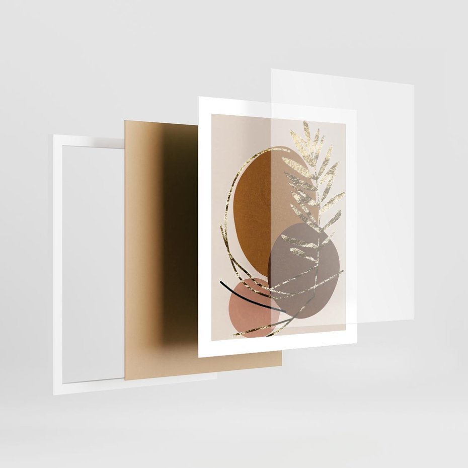 Plakat w ramie 40x50 - Taniec Przenikających Odbić - abstrakcyjny obraz, złote liście palmy - rama biała