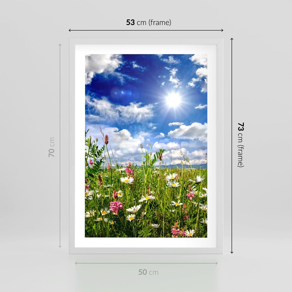 Plakat w ramie 50x70 - Niebiańska łąka pełna kwiatów - łąka, niebo - rama biała