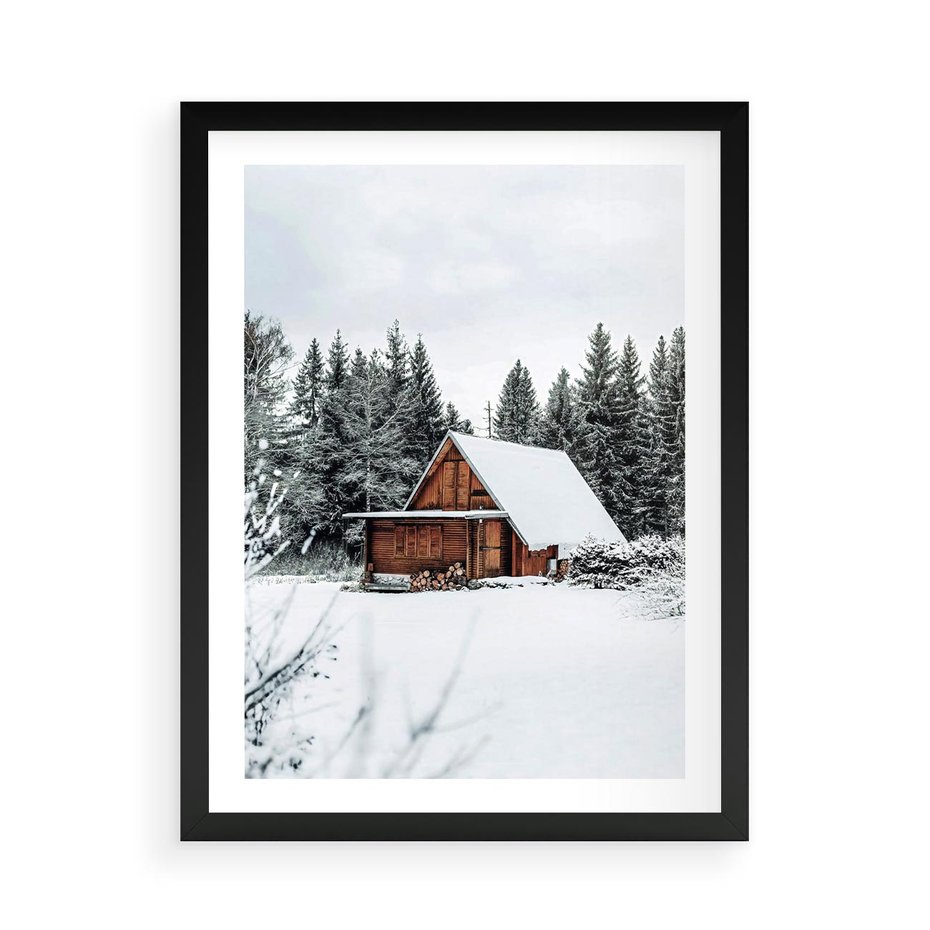 Plakat w ramie 50x70 - Ujęcie zimy w Górach - domek w górach w zimie, śnieg - rama czarna