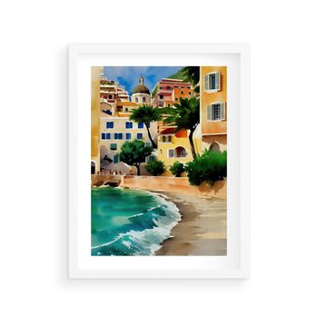 Plakat w ramie 50x70 - Zamieszkajmy Tu - akwarela, śródziemnomorski klimat - rama biała