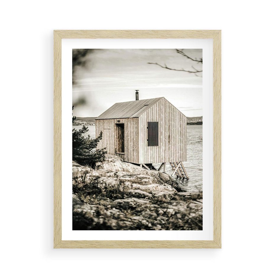 Plakat w ramie 50x70 - Nostalgiczna Oaza - rustykalny domek, domek nad jeziorem - rama drewno