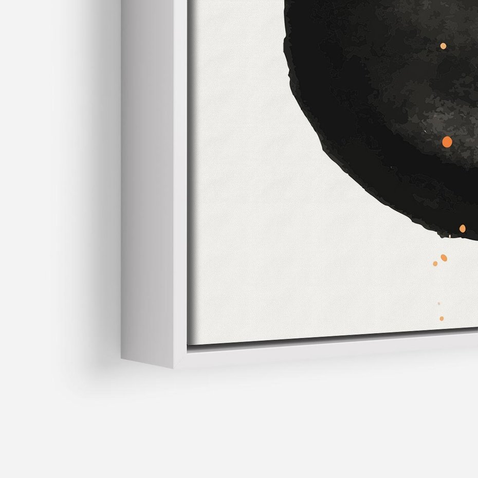 Obraz w ramie 50x50 - Wnętrza Marzeń - abstrakcyjna czarna plama, rozsiane pomarańczowe kropki - rama biała