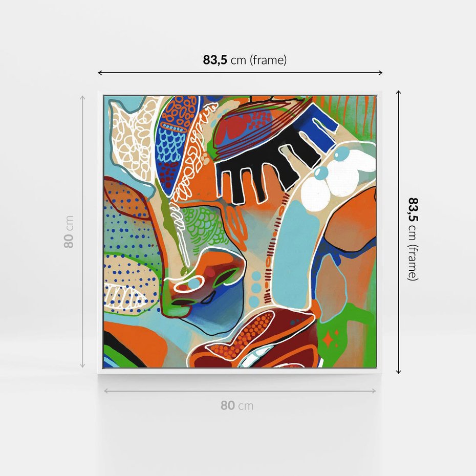 Obraz w ramie 80x80 - Wibracje Kształtów - abstrakcyjny portret kobiety, twarz - rama biała