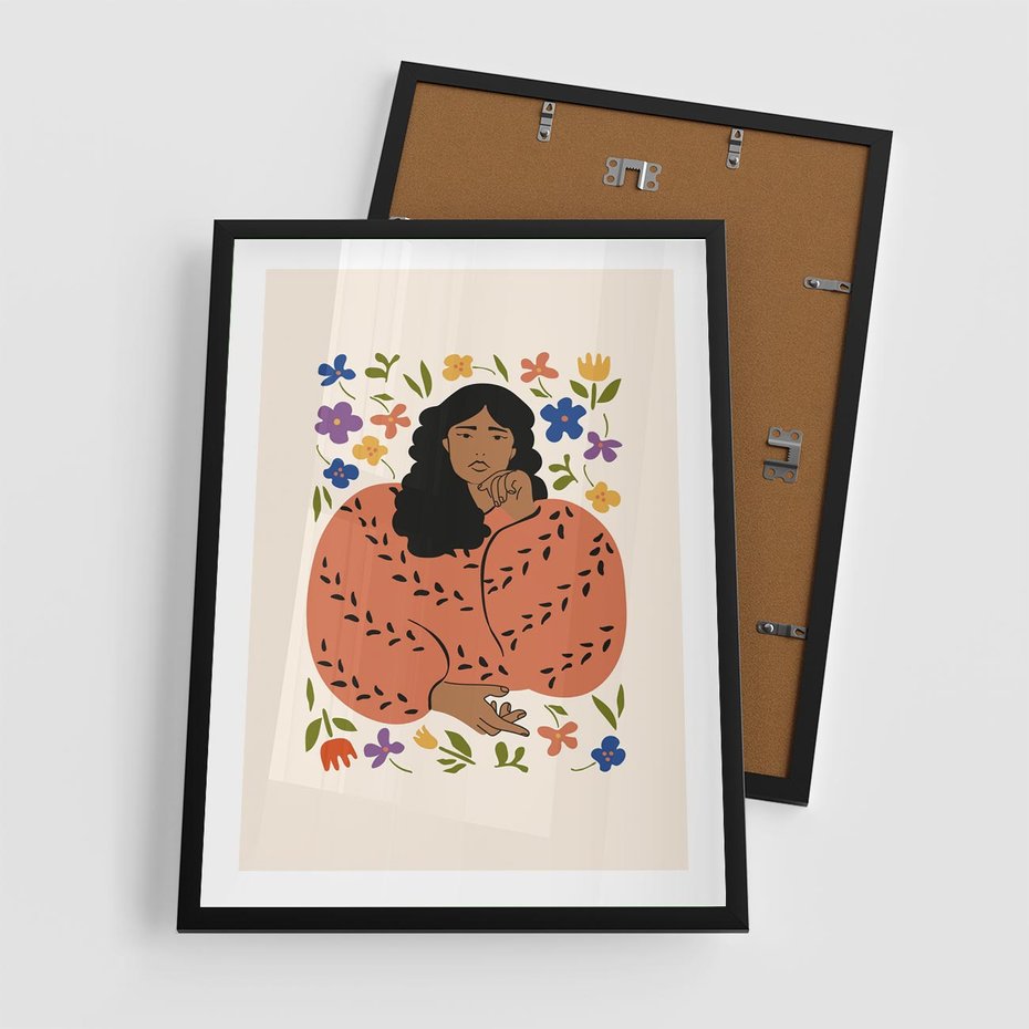 Plakat w ramie 50x70 - Rozplątane Emocje - nowoczesny plakat, kobieta otoczona kwiatami - rama czarna