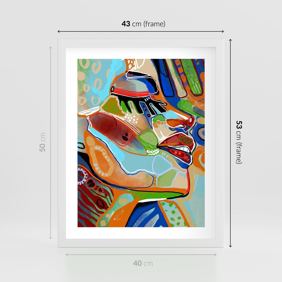 Plakat w ramie 40x50 - Kolorowe Wnętrza Kształtów - abstrakcyjny portret kobiety, twarz - rama biała