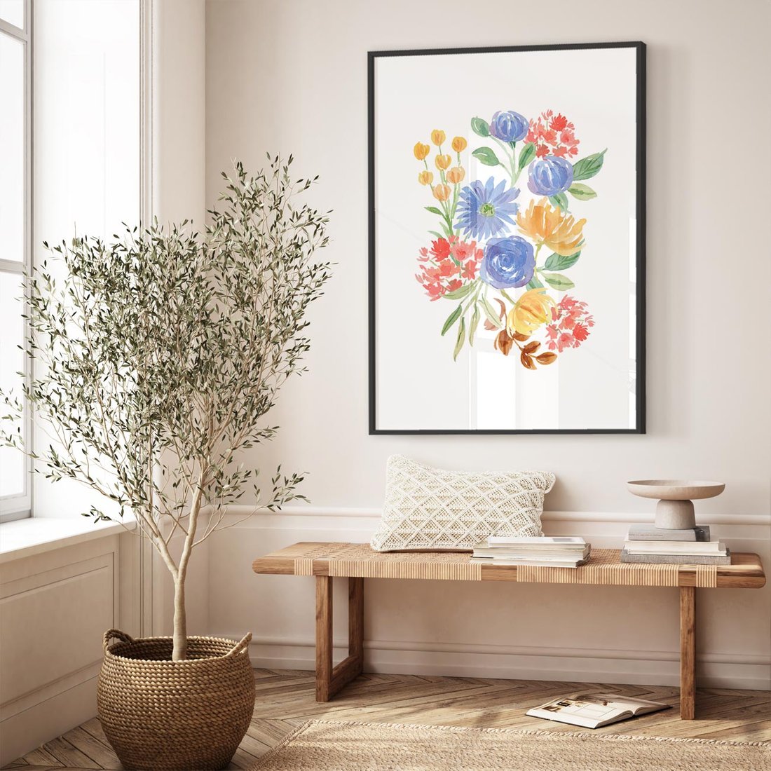 Plakat w ramie 50x70 - Kwiatowe Światło - akwarelowe kwiaty, bukiet - rama czarna