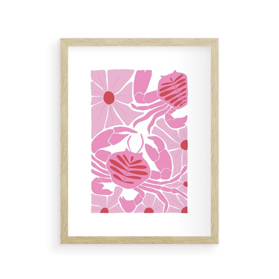 Plakat w ramie 30x40 - Roztańczone Kraby - różowe kwiaty i kraby, abstrakcyjna kompozycja - rama drewno