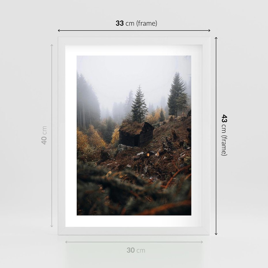 Plakat w ramie 30x40 - Górski las - stary zniszczony domek w górach, góry - rama biała