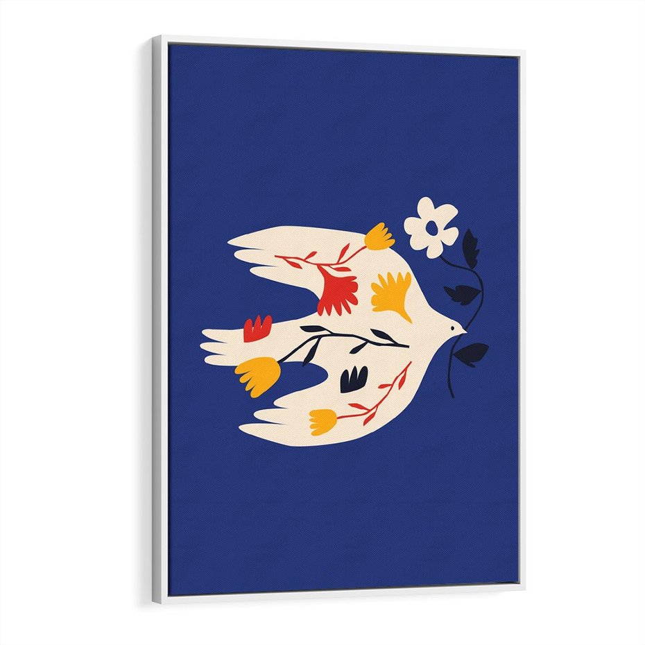 Obraz w ramie 70x100 - Bezgraniczne Widoki - niebieskie tło, abstrakcyjny biały ptak - rama biała