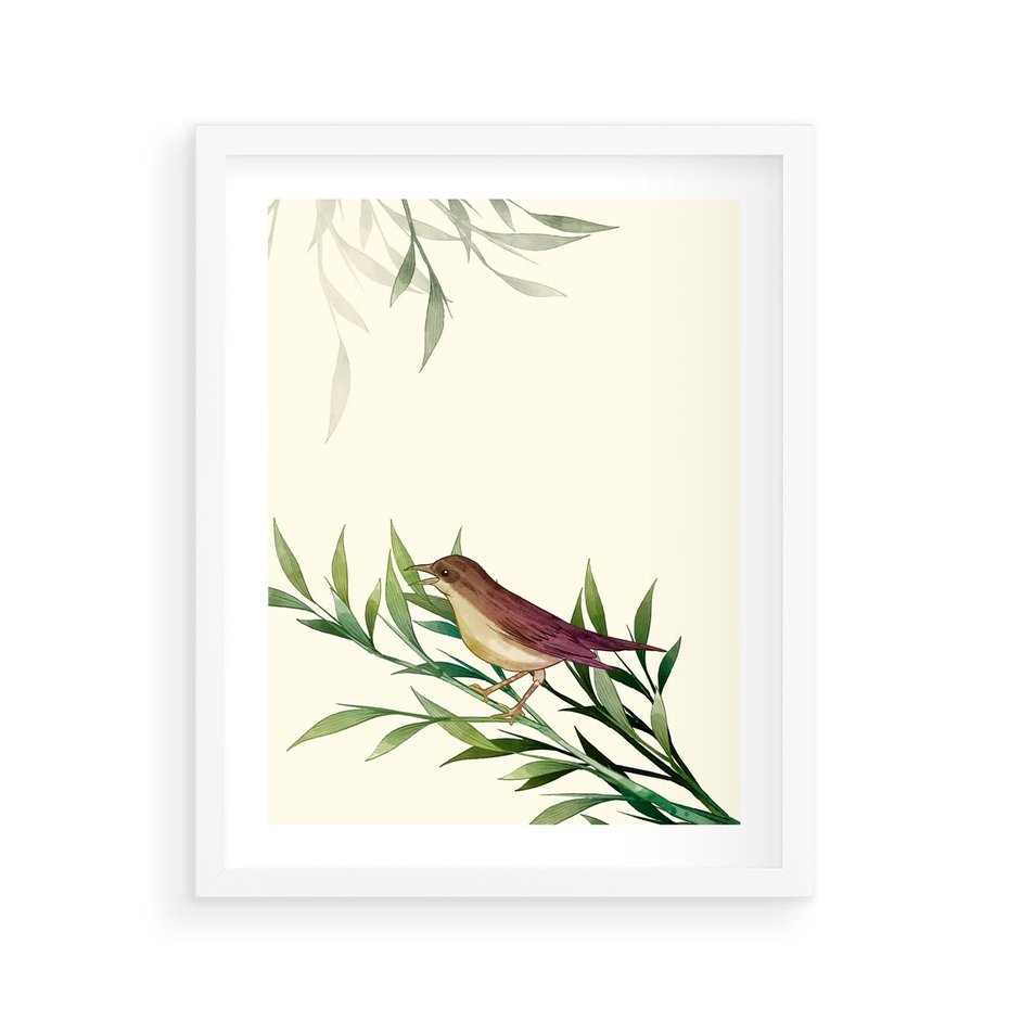 Plakat w ramie 40x50 - Roślinne Nastroje - japońska sztuka, ptak - rama biała