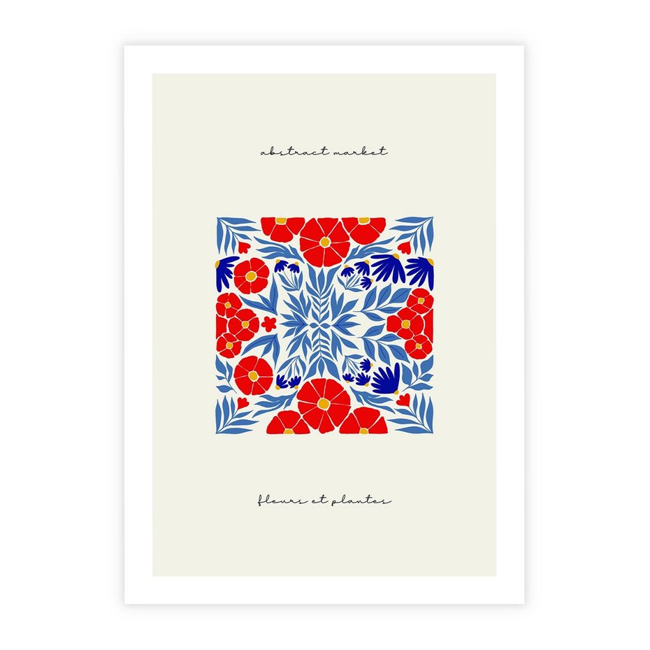 Plakat bez ramy 50x70 - Tajemnicza Droga - nowoczesna kwiatowa kompozycja, czerwony i niebieski