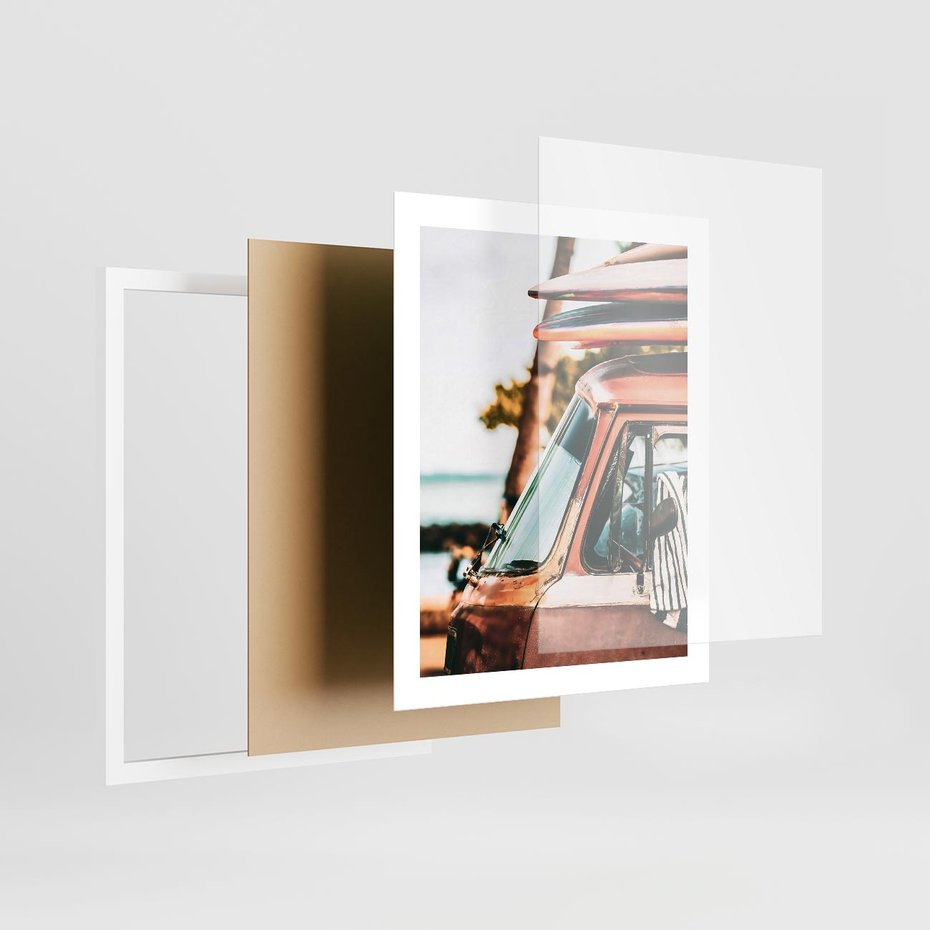 Plakat w ramie 40x50 - Surfingowa Wolność - samochód, stary van - rama biała