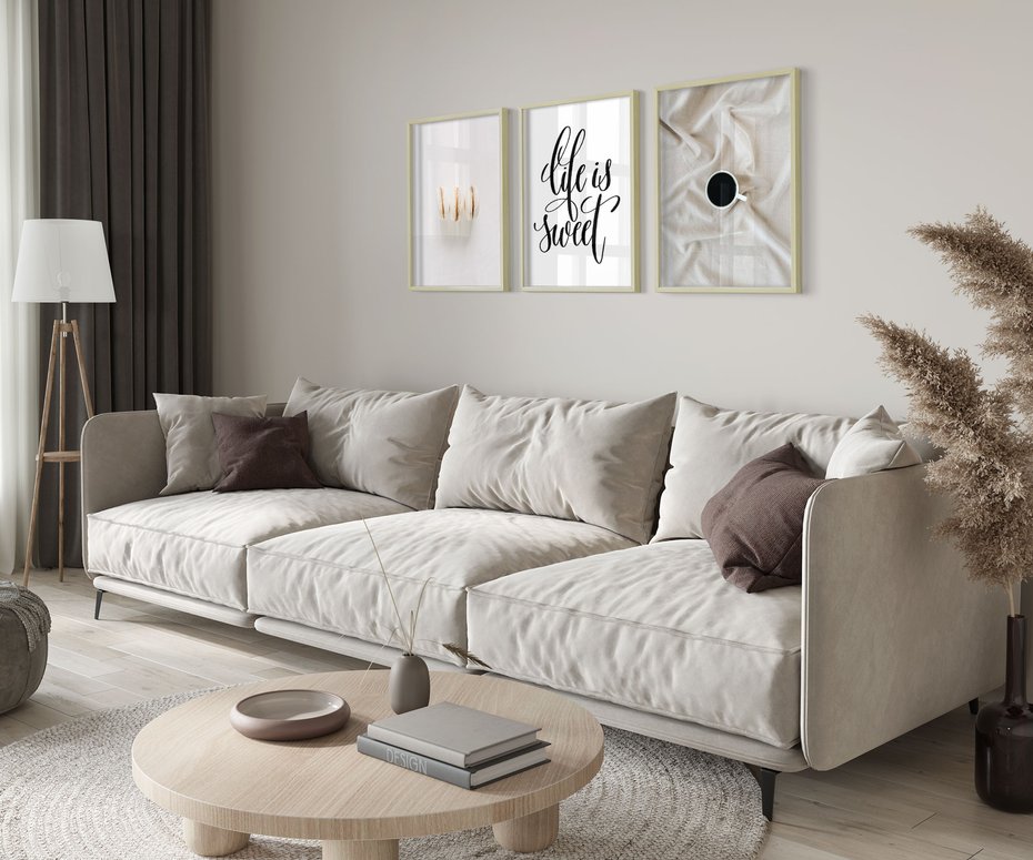 Zestaw obrazy w ramie 40x50 galeria - Makaroniki, kawa, typografia, napisy - rama drewno