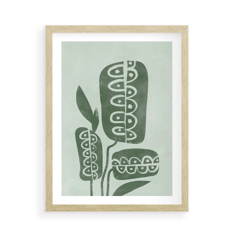 Plakat w ramie 50x70 - Nurtująca Zieleń - abstrakcyjny zielony motyw, skandynawski design - rama drewno
