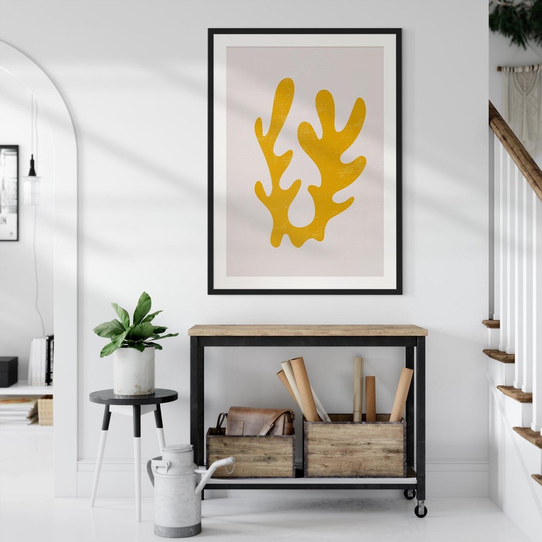 Plakat w ramie 50x70 - Abstrakcyjna Synergia - abstrakcyjna żółta forma, minimalizm - rama czarna