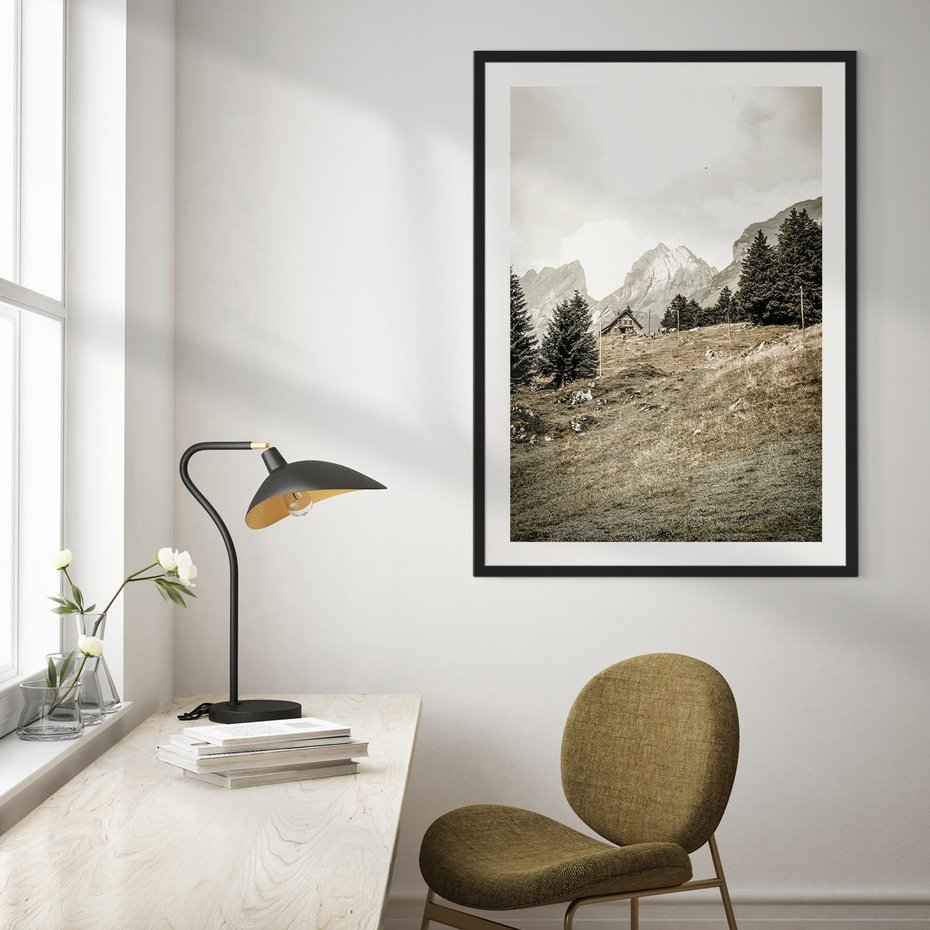 Plakat w ramie 40x50 - Krajobraz Sepii: Domek w Górach - domek w górach, góry - rama czarna