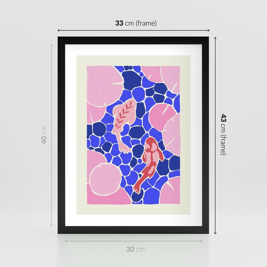 Plakat w ramie 30x40 - Rzeka Abstrakcji - abstrakcyjna kompozycja, różowe ryby wśród rafy - rama czarna