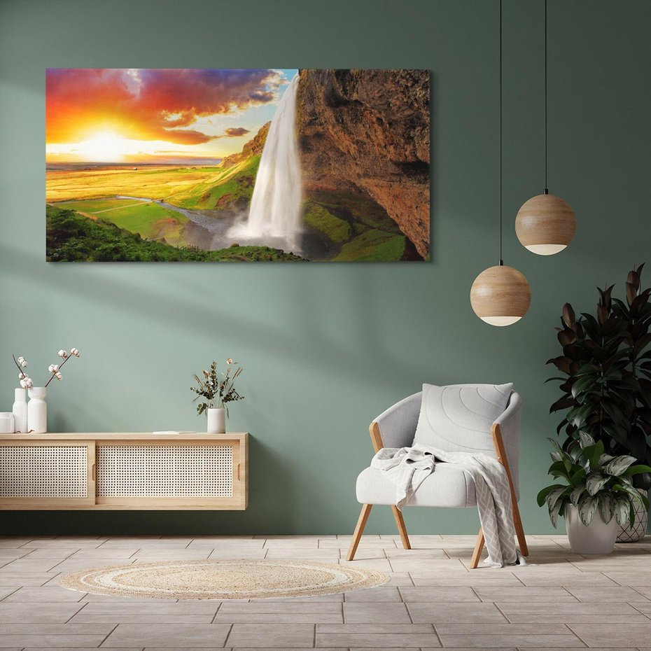 Obraz na płótnie 120x60 - Zachód słońca nad islandzkim wodospadem - Islandia, wodospad