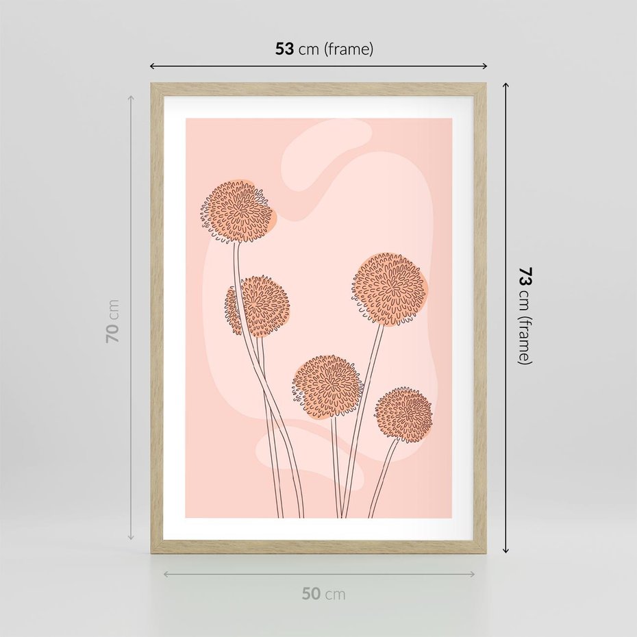Plakat w ramie 50x70 - Rozkwitające Emocje - minimalistyczny plakat, pudrowe kwiaty - rama drewno