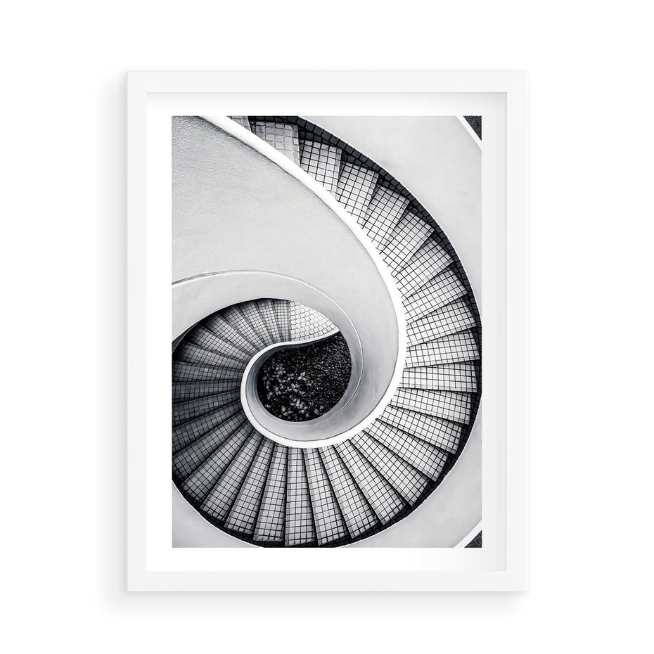 Plakat w ramie 50x70 - Nowoczesne Schody: Kręcone Piękno - nowoczesna architektura, kręcone schody - rama biała
