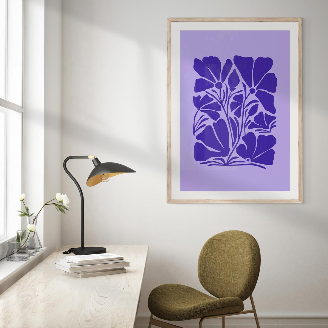 Plakat w ramie 40x50 - Migocące Boho Wibracje - kwiaty, energetyczne fioletowe tło - rama drewno