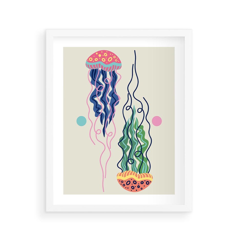 Plakat w ramie 40x50 - Morskie Pulsacje - nowoczesny optymistyczny plakat, kolorowe meduzy - rama biała
