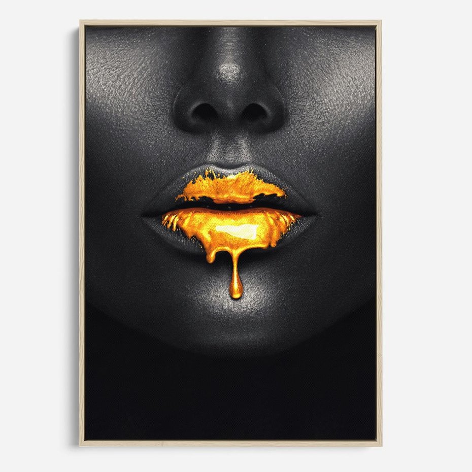 Obraz w ramie 50x70 - Złote Usta Kobiety - złote, usta - rama drewno