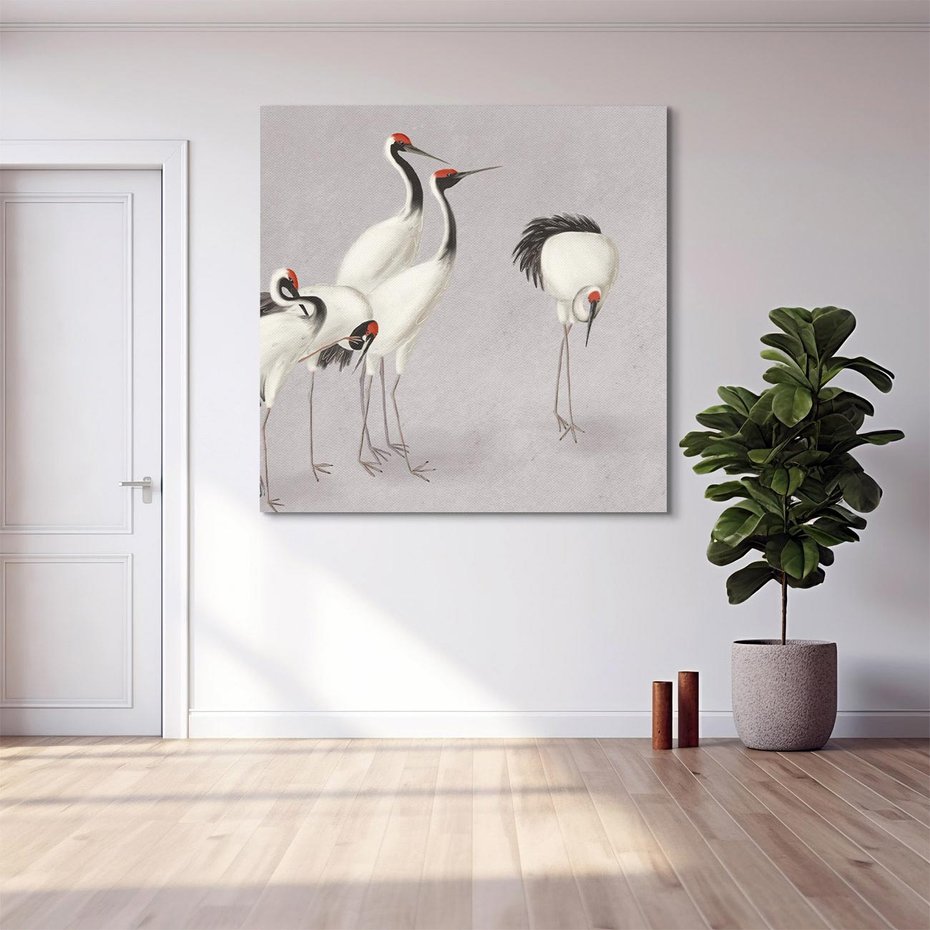Obraz na płótnie 80x80 - Spojrzenie wstecz w pędzlu - szkic rysunek, japońskie żurawie
