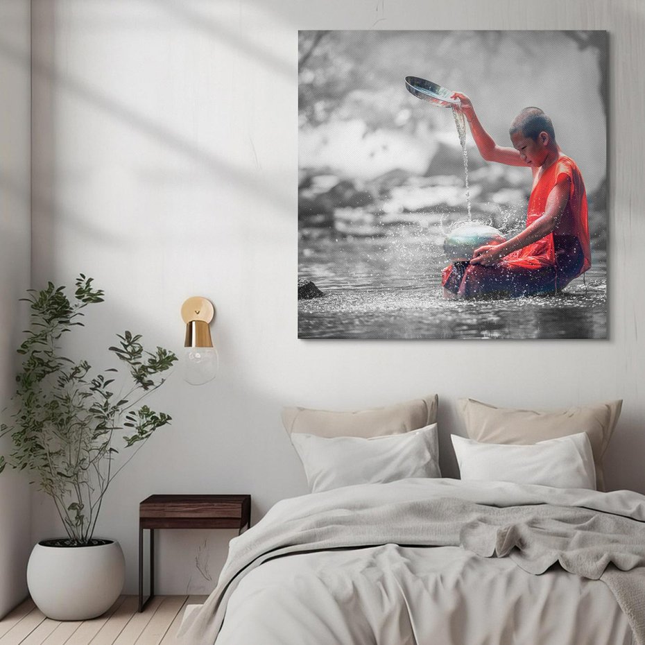 Obraz na płótnie 50x50 - Dziecko Mnich: Święty Uśmiech - dziecko, mnich