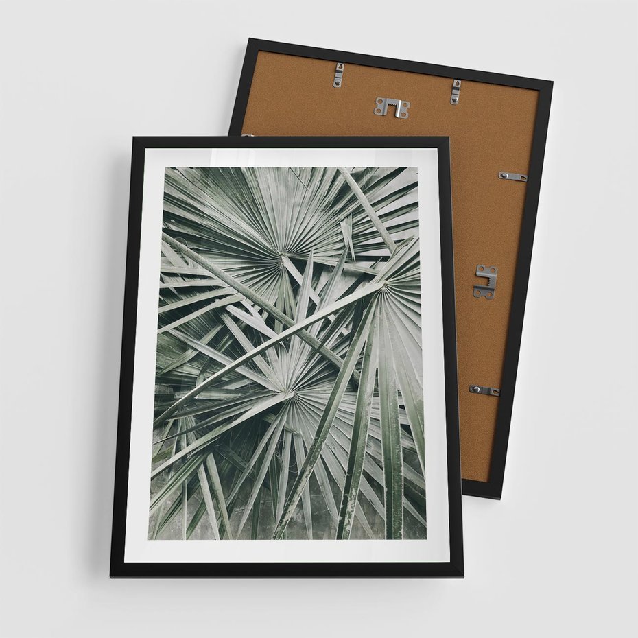 Plakat w ramie 50x70 - Palmy w Zgaszonej Zieleni - palmy, tropikalne liście - rama czarna