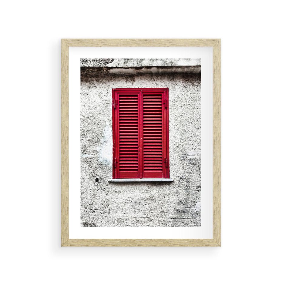 Plakat w ramie 30x40 - Okno z Czerwonymi Okiennicami - stare okno, kamienica - rama drewno