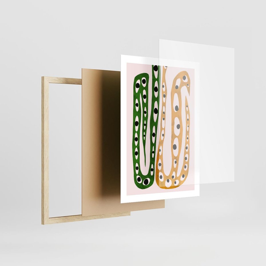 Plakat w ramie 50x70 - Migocące Zmaganie - abstrakcyjny obraz, dziwne kształty - rama drewno