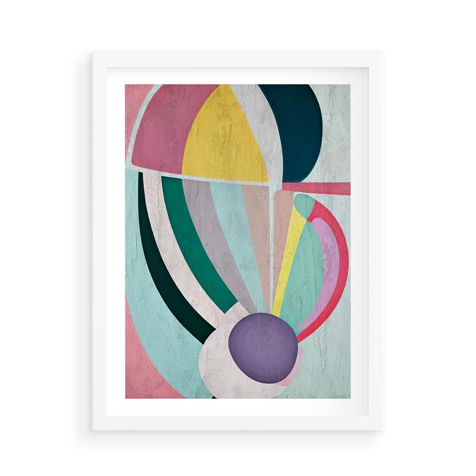 Plakat w ramie 50x70 - Podróżne Echa Przestrzeni - abstrakcyjne dziwne kształty, olejny obraz - rama biała