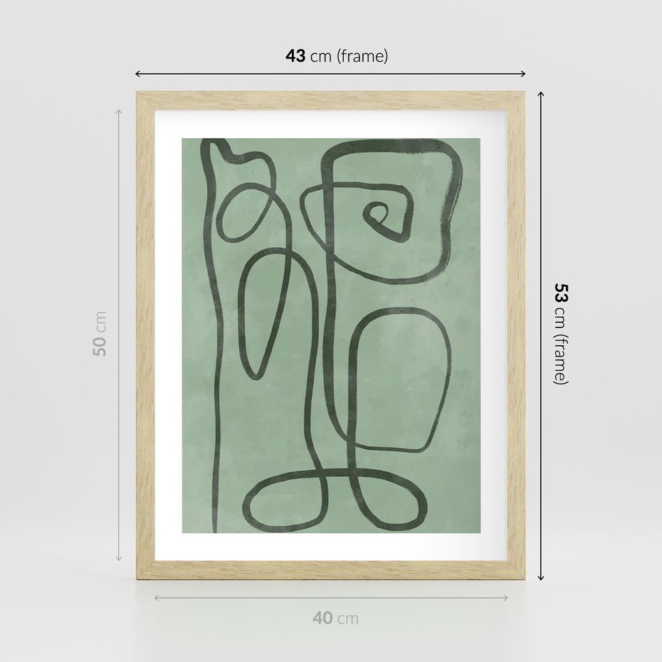 Plakat w ramie 40x50 - Zielone Wariacje w Liniach - abstrakcyjne zielone linie, skandynawski design - rama drewno