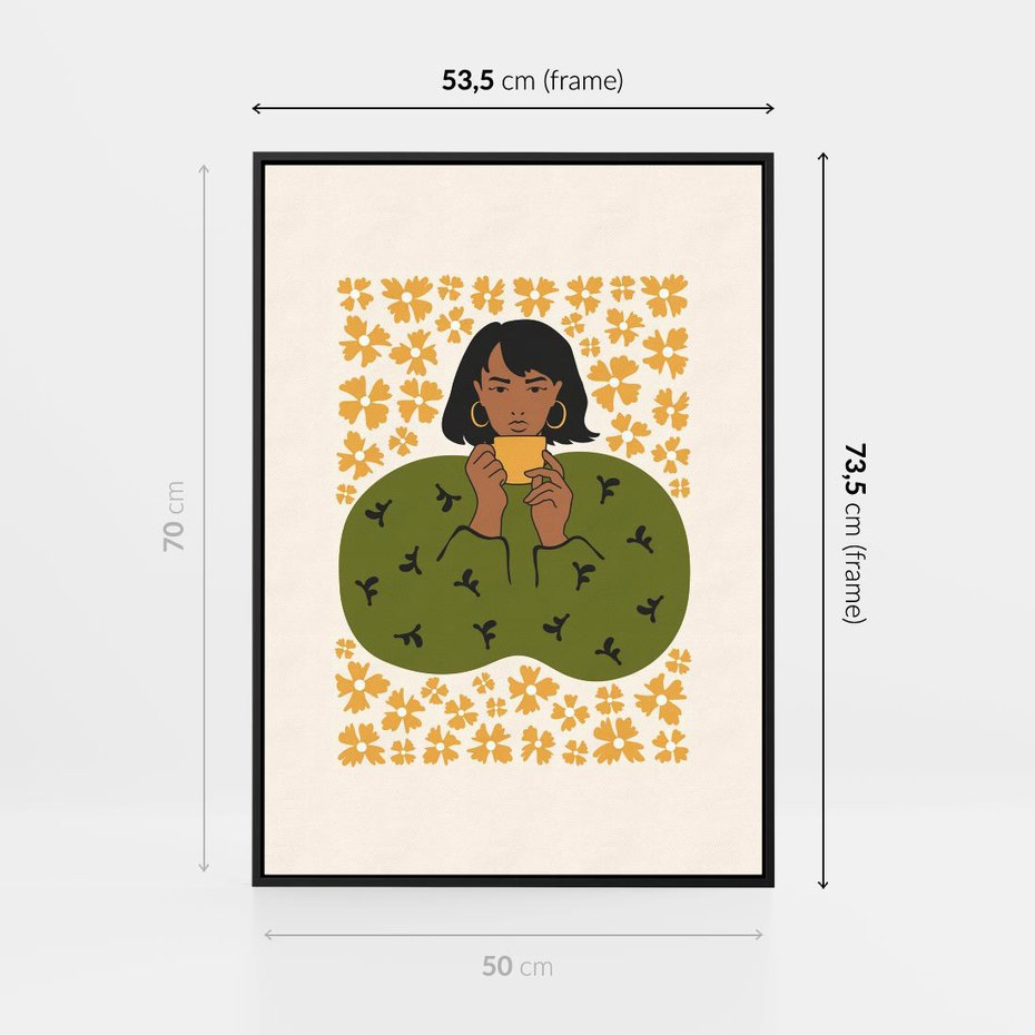 Obraz w ramie 50x70 - Wewnętrzne Fale - nowoczesny plakat, kobieta otoczona liśćmi - rama czarna