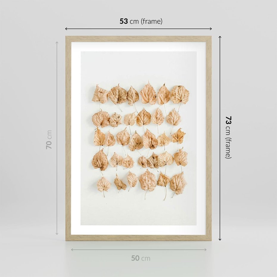 Plakat w ramie 50x70 - Liście Złotego Sezonu - kompozycja z suchych żółtych liści - rama drewno