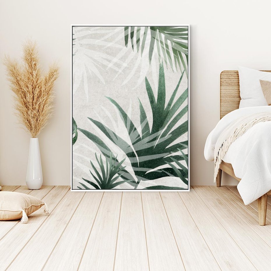Obraz w ramie 70x100 - Tropikalne Akwarele - tropikalne liście, akwarela - rama biała