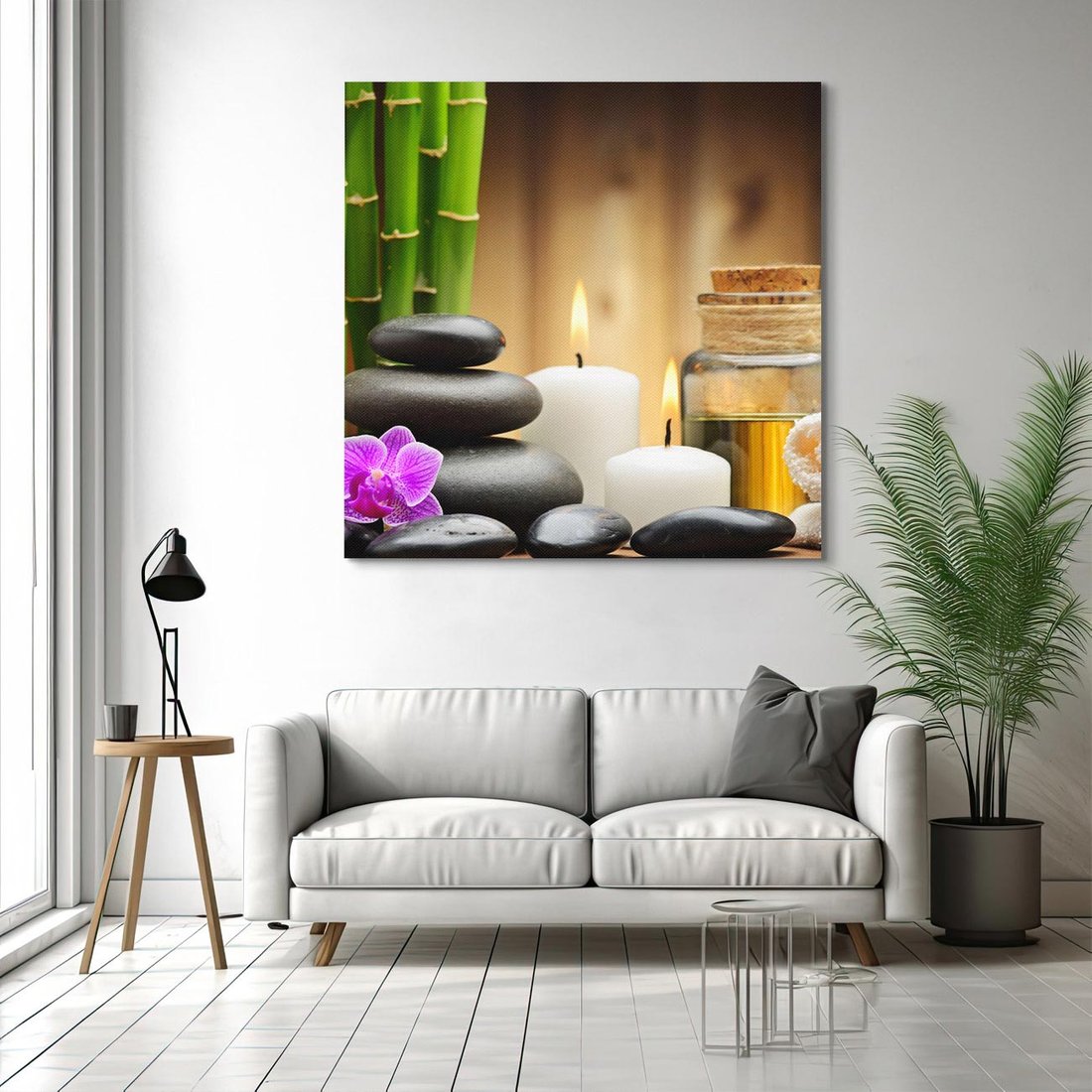 Obraz na płótnie 70x70 - Spokojny zakątek SPA z bambusem i kamieniami - bambus, kamienie