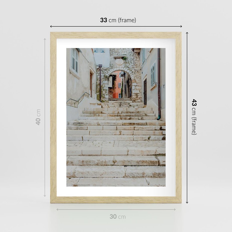 Plakat w ramie 30x40 - Schody we Włoskim Miasteczku - schody, śródziemnomorskie miasteczko - rama drewno