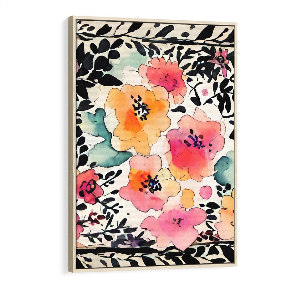 Obraz w ramie 70x100 - Opowieść w kroplach farb - akwarelowe kwiaty, mocna ornamentowa czarna ramka namalowana dookoła obrazu - rama drewno