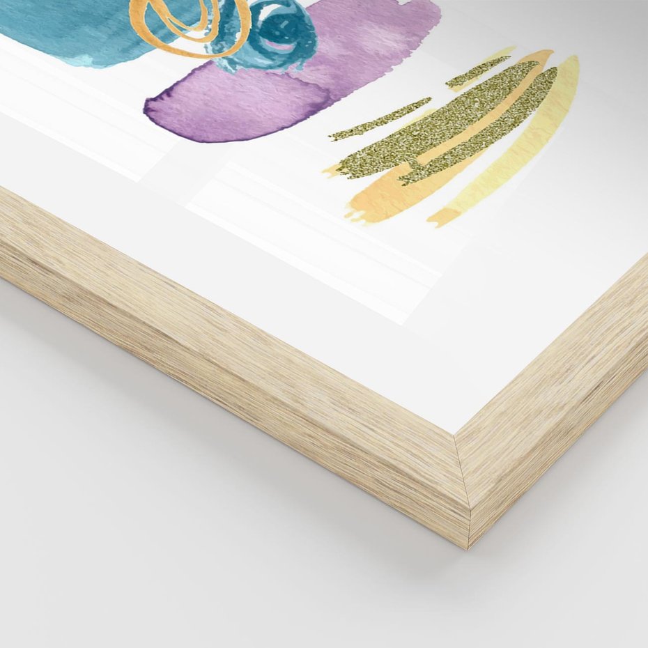 Plakat w ramie 40x50 - Taniec Akwarelowych Kresek - akwarelowe plamy w odcieniach błękitu, złote kreski - rama drewno