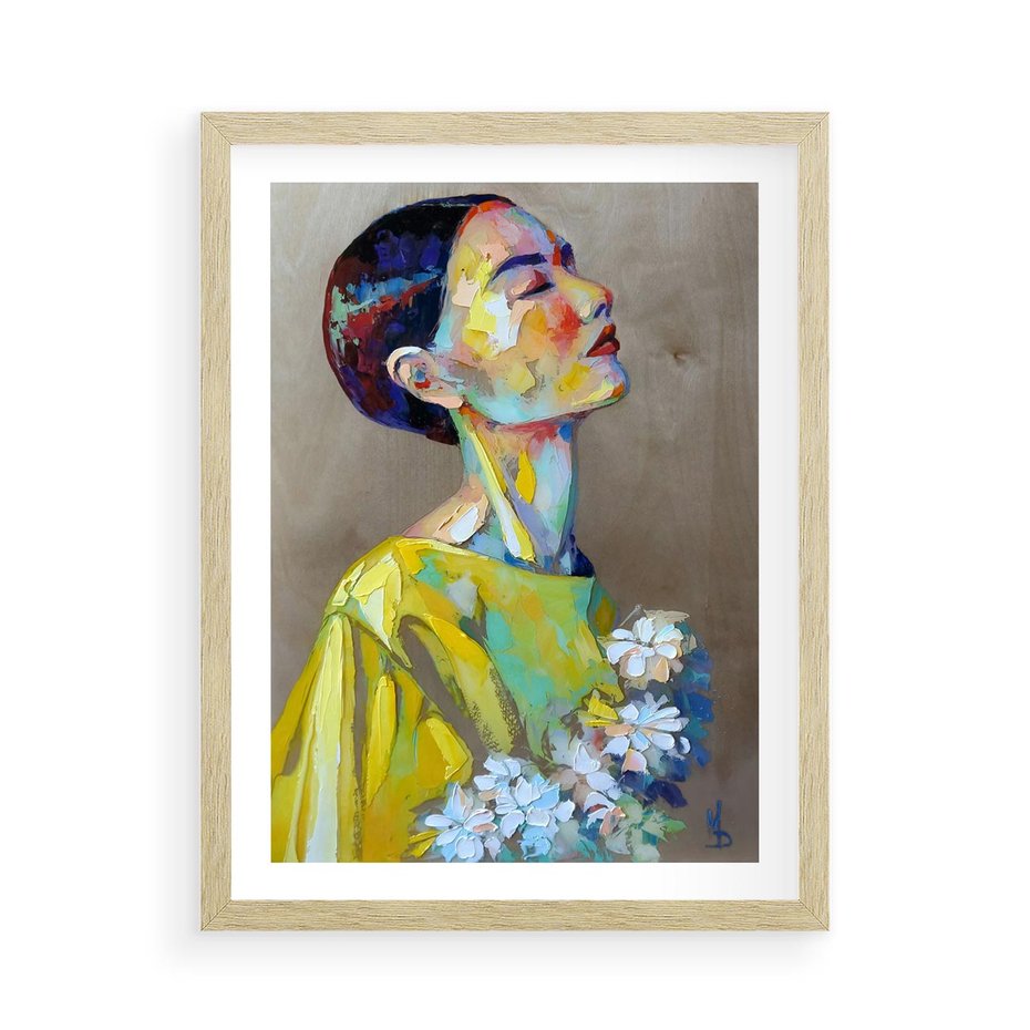 Plakat w ramie 50x70 - W Żółtej Sukience - olejny abstrakcyjny obraz, portret kobiety w żółtej sukience - rama drewno